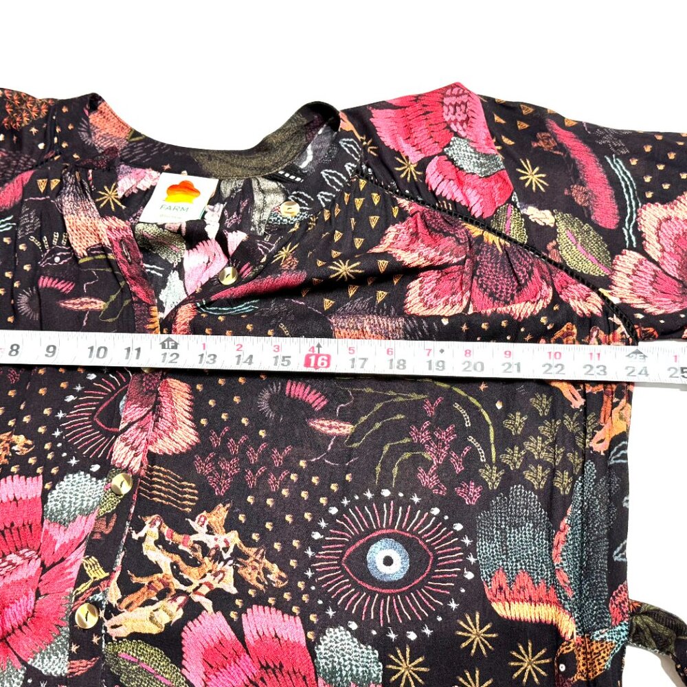 Farm Rio River Creatures Black Floral Mini Dress Tie Belt Button Front Tassels - Picture 13 of 16